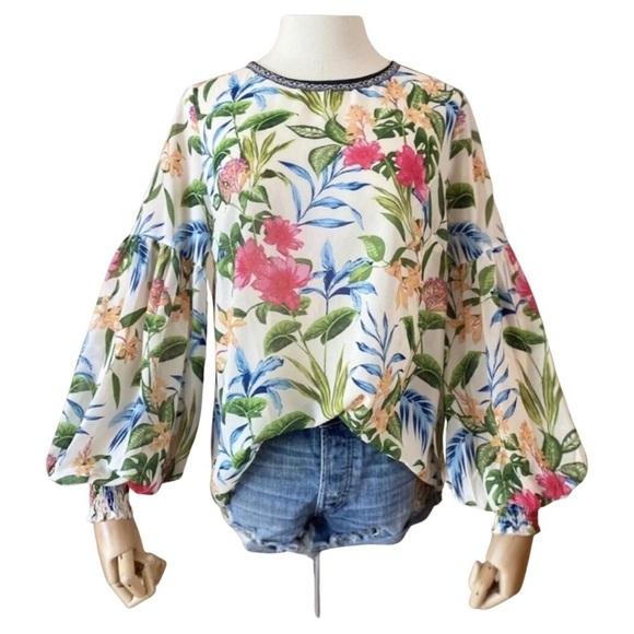 NWT jealous tomato leaf tropical balloon sleeve blouse white size S M - Picture 1 of 2